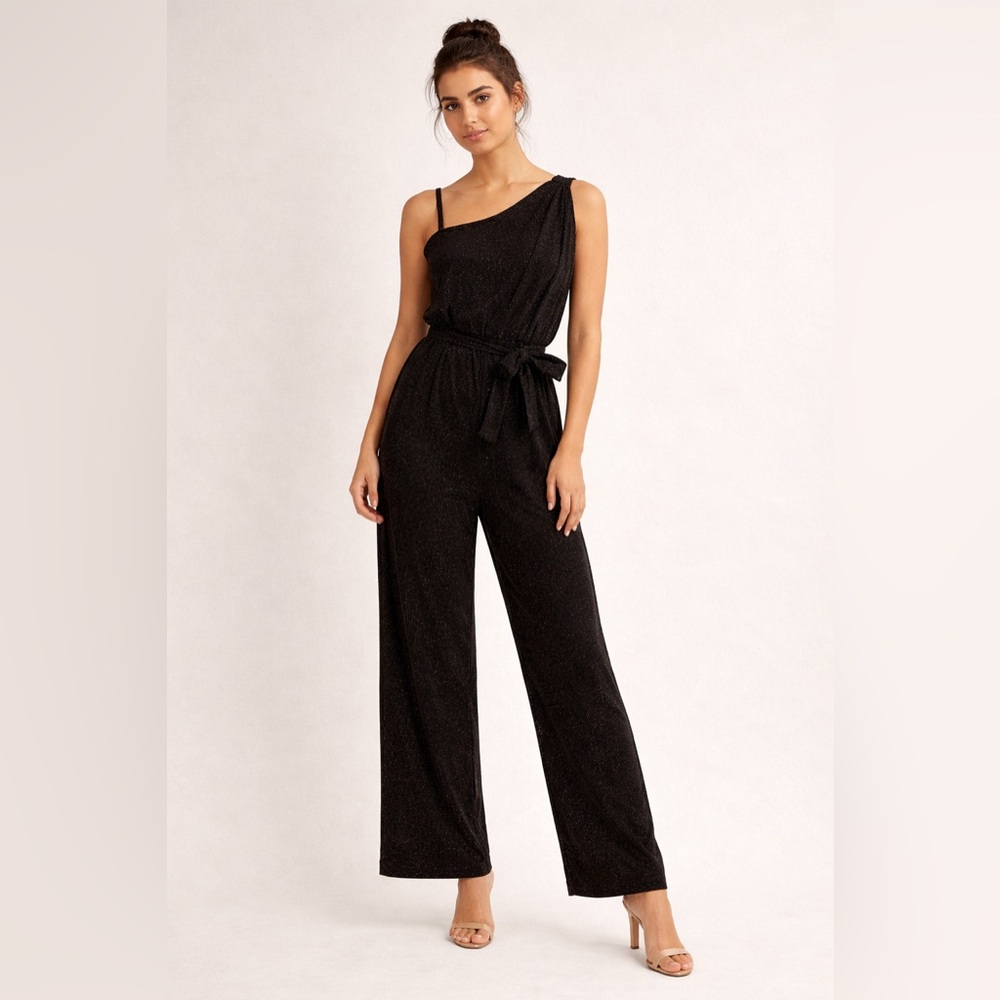 Luxology Black Sparkle Wide-Leg Jumpsuit with Tie Waist